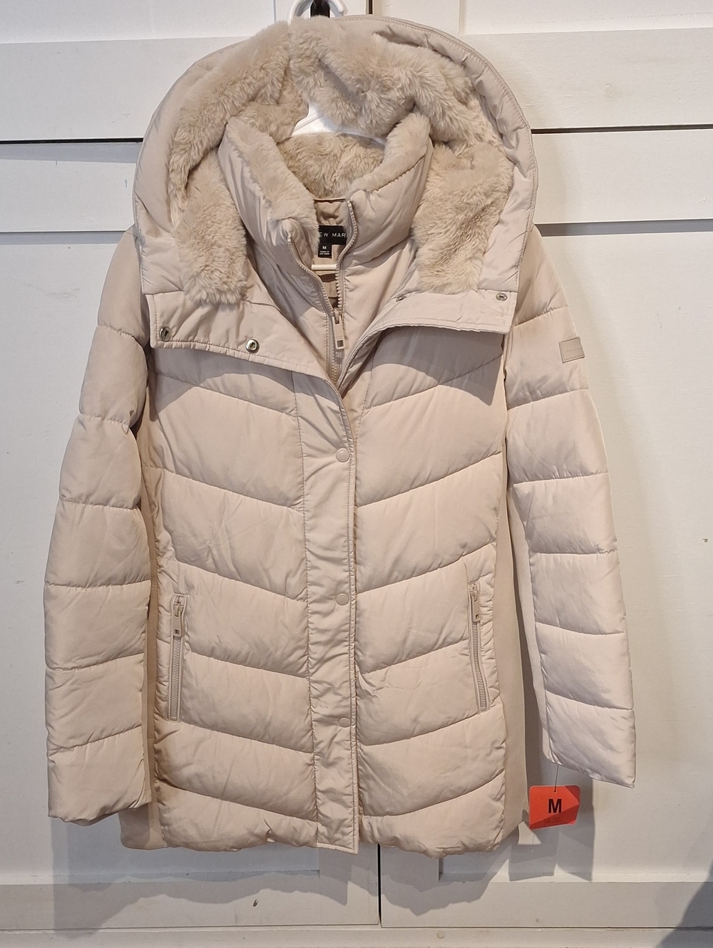 Andrew Marc Cream Hooded Faux Fur-Trim Puffer Coat